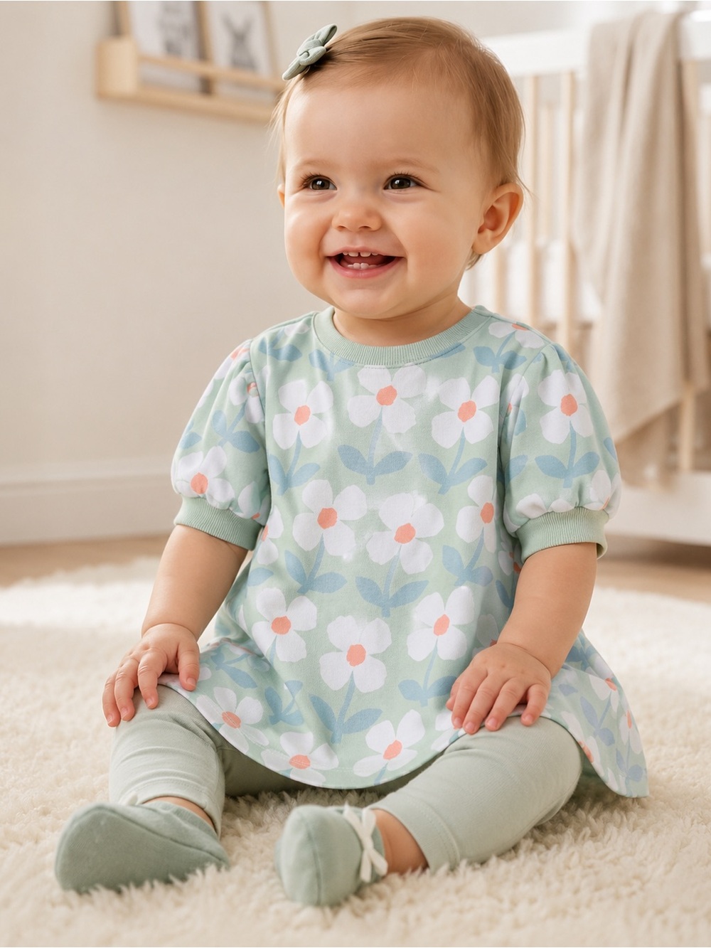Cat & Jack Baby Girls Floral Puff Sleeve Sweatshirt Top Green Size 12M NWT